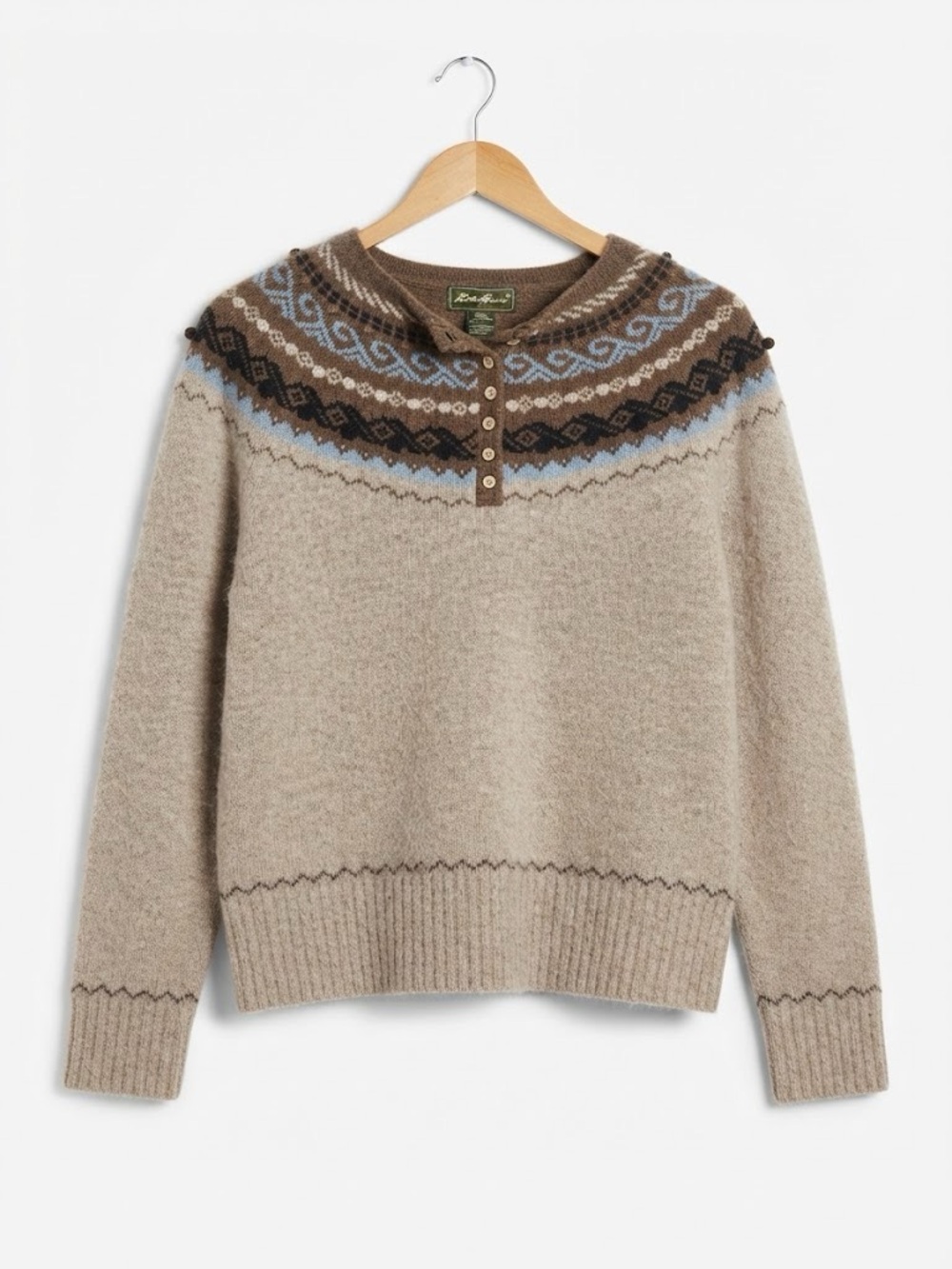 Eddie Bauer Fair Isle Nordic Wool Angora Henley Sweater Brown Size XL Cozy
